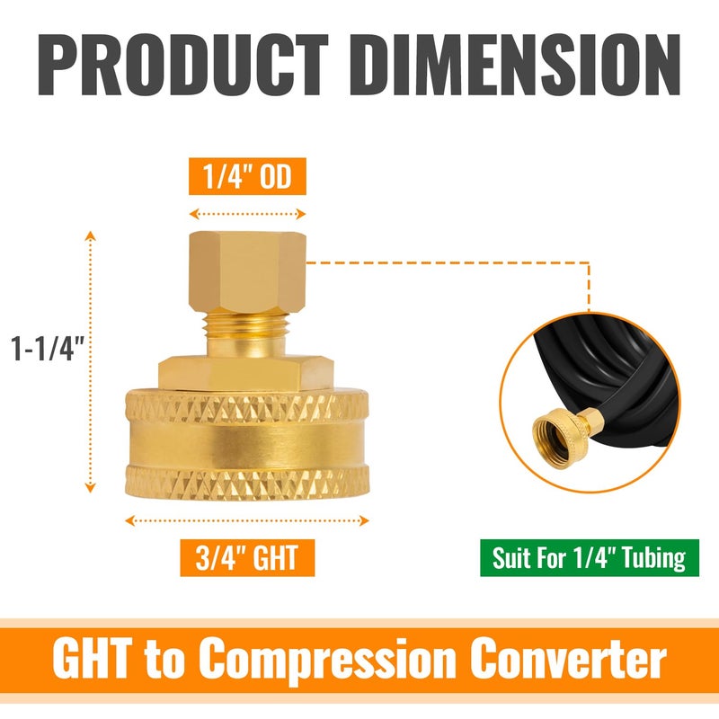 SUNGATOR 2PCS Brass 3/4" Female GHT x 1/4" OD Compression Garden Hose Adapter, 3/4 Inch Female GHT to 1/4 Inch OD Converter, Faucet to Hose Adapter - Image 2